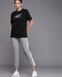NIKE Women Black Typography Printed Drop-Shoulder Sleeves AIR Pure Cotton T-shirt