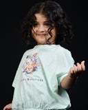 Kids Graphic Tee With Elastic Bottom-Cyan