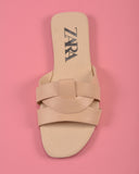 ZARA LOW HEEL CROSSED LEATHER SANDALS BEIGE