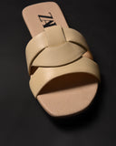 ZARA LOW HEEL CROSSED LEATHER SANDALS OFF WHITE