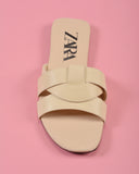 ZARA LOW HEEL CROSSED LEATHER SANDALS OFF WHITE