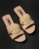 ZARA LOW HEEL CROSSED LEATHER SANDALS OFF WHITE