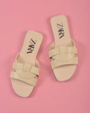 ZARA LOW HEEL CROSSED LEATHER SANDALS OFF WHITE
