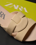 ZARA LOW HEEL CROSSED LEATHER SANDALS OFF WHITE