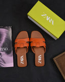 ZARA LOW HEEL CROSSED LEATHER SANDALS ORANGE
