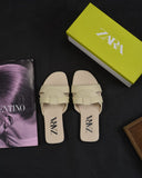 ZARA LOW HEEL CROSSED LEATHER SANDALS OFF WHITE